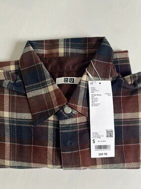 Rare Uniqlo Women Dark Brown Flannel Long Sleeve Shirt Snap Closure S
